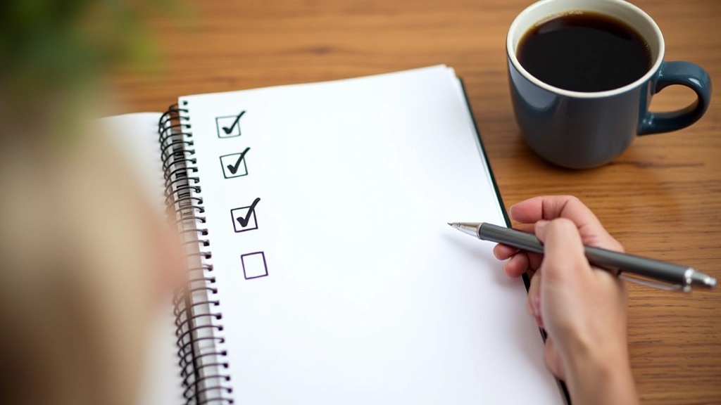 Liste de contrôle écrite à la main sur papier, stylo, checklist pour évaluer les programmes d'affiliation