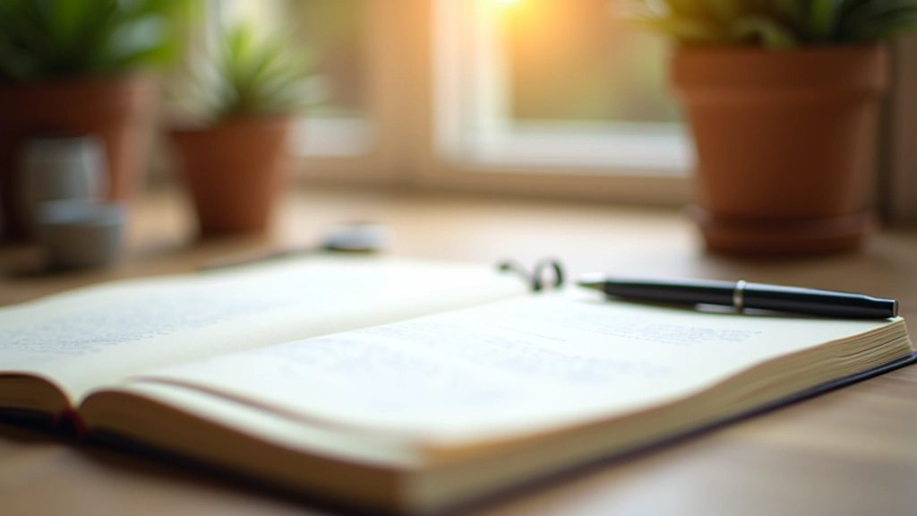 Notes manuscrites d'une stratégie de blog, avec un carnet ouvert et un stylo sur un plan de travail