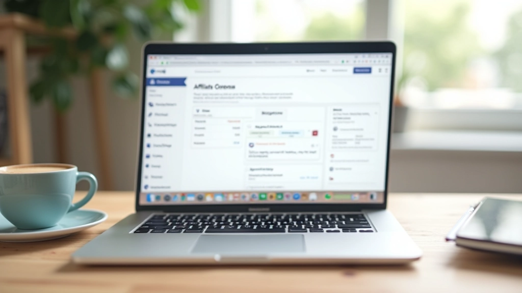 Ordinateur portable avec une interface d'affiliation ouverte, sur un bureau clair avec une tasse de café