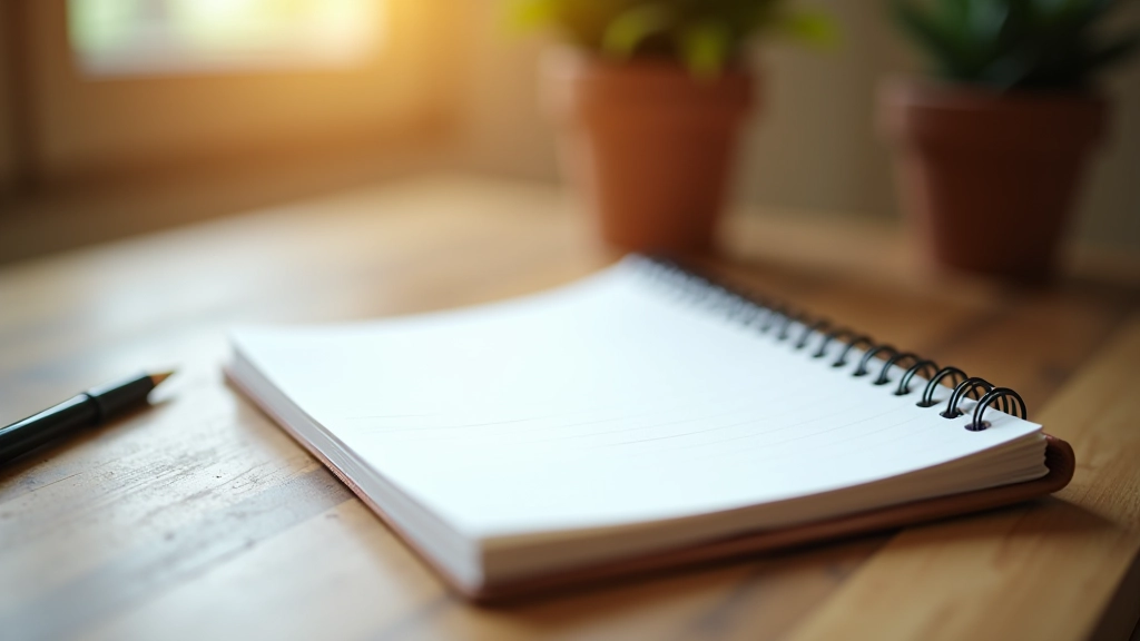 Carnet de notes ouvert avec des idées de blog et un stylo à proximité, setup de création de contenu