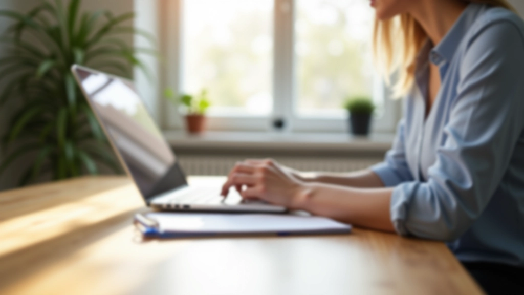 Personne travaillant sur un ordinateur portable dans un environnement professionnel moderne avec lumière naturelle