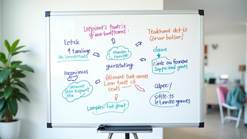 Tableau blanc avec des schémas de niches et des mots-clés écrits au marqueur, session de brainstorming créative